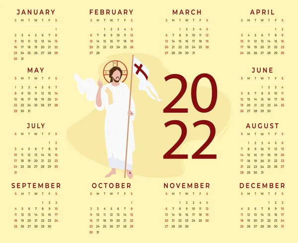 2022 Religiöser Jahreskalender Mit Jesus Christus Dem Erlöser Vektorillustration Horizontale — Stockvektor
