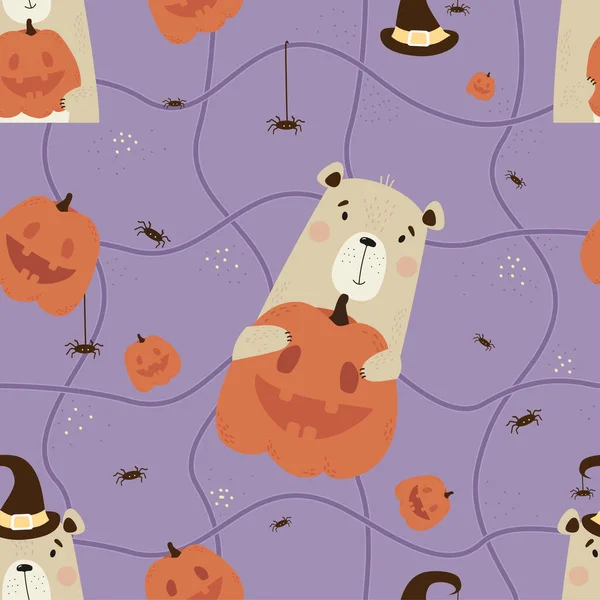 Padrão Sem Costura Com Urso Halloween Bonito Animal Chapéu Bruxa — Vetor de Stock