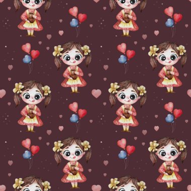 Sürahili bir kızla kusursuz bir desen, balonlu ve kalpli kırmızı bir arka planda fiyonklu bir saç şekli. Suluboya. Çocuk koleksiyonu, duvar kağıdı, dekor, tekstil ve dekor için el çizimi