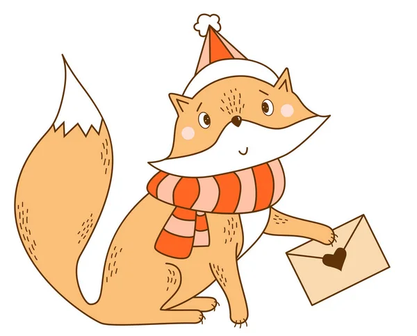 戴着围巾戴着顶帽子戴着信的红狐冬天的性格 穿着衣服的可爱的野生动物 矢量图解 用于儿童的收藏 卡片和装饰 — 图库矢量图片