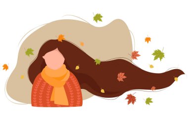 Saçları uzayan, eşarp takan ve süveter ören sonbahar kızı. Vektör çizimi. Sonbahar tasarımı, dekor, kartpostallar, posterler ve yazdırma için düz biçimli karakter