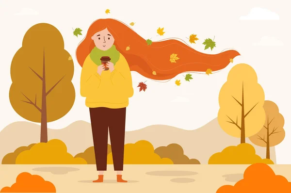 Piękna Dziewczyna Jesiennymi Liśćmi Długowłosych Rudych Rozwijających Się Włosach Kawą — Wektor stockowy