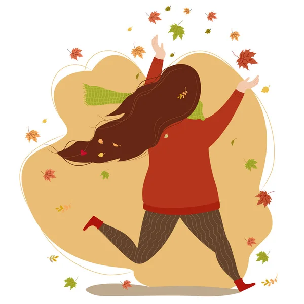 Осень Счастливая Девушка Трепещущими Волосами Осенними Листьями Шарфе Свитере Бежит — стоковый вектор