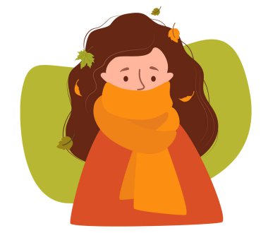 Sonbahar kızının portresi. Sonbahar yapraklı, arka planda sıcak bir eşarba sarılmış bir kadın. Vektör çizimi. Sonbahar tasarımı, dekor, posterler, kartlar ve avatarlar için düz bir karakter