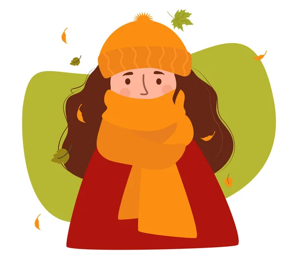 Портрет Замёрзшей Осенней Девушки Женщина Шляпе Завернутая Носу Теплый Шарф — стоковый вектор
