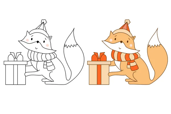 Santa Fox Con Árbol Navidad Caja Regalo Grande Conjunto Dibujos — Vector de stock