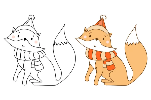 Santa Fox Con Árbol Navidad Caja Regalo Grande Conjunto Dibujos — Vector de stock