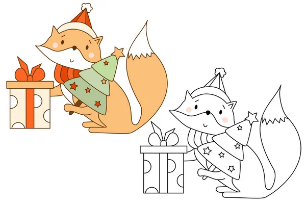 Santa Fox Con Árbol Navidad Caja Regalo Grande Conjunto Dibujos — Vector de stock
