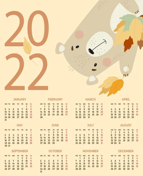 Calendario anual para 2022. Bonito oso con hojas de otoño sobre un fondo amarillo. Ilustración vectorial. Plantilla calendario vertical A3 para 12 meses en inglés. La semana comienza el lunes. Papelería, decoración. — Vector de stock