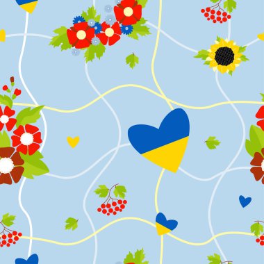 Ukrayna sembollü kusursuz çiçek desenleri. Bir buket kırmızı mallow, bir viburnum dalı, bir sarı-mavi kalp, açık mavi arka planda bir çiçek çelengi. Vektör illüstrasyonu