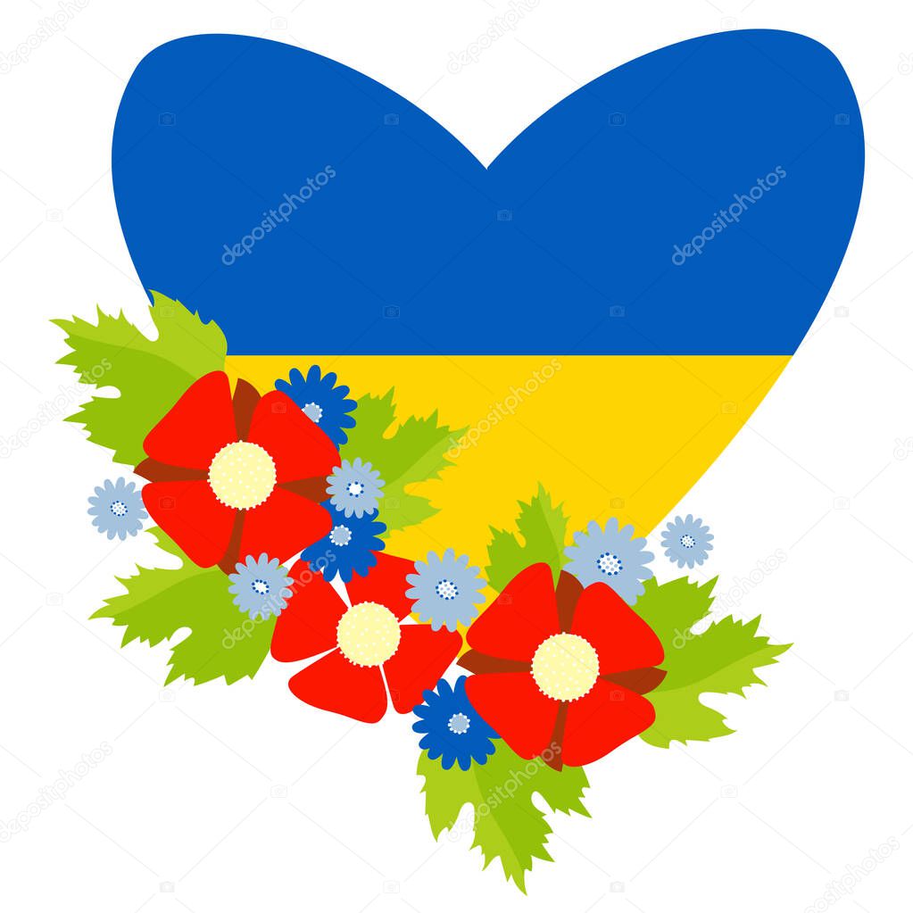Ukrainian symbol. A large yellow-blue heart in a flower bouquet of red poppies and blue cornflowers. Colors of the Ukrainian flag. Vector illustration. For design and decoration
