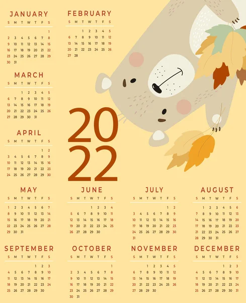 Щорічний календар на 2022 рік. Милий ведмідь з осіннім листям на жовтому тлі. Векторна ілюстрація. Вертикальний календар шаблон A3 протягом 12 місяців англійською мовою. Тиждень починається в неділю. Станція, декор.. — стоковий вектор