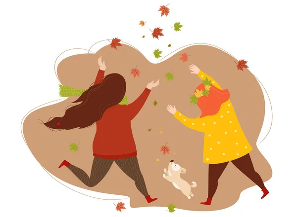 Счастливой осени. Девушки с милой собакой радуются и ловят осенью опадающие листья. Векторная иллюстрация. Персонаж в плоском стиле для осеннего дизайна, декора, открыток, плакатов и печати. — стоковый вектор