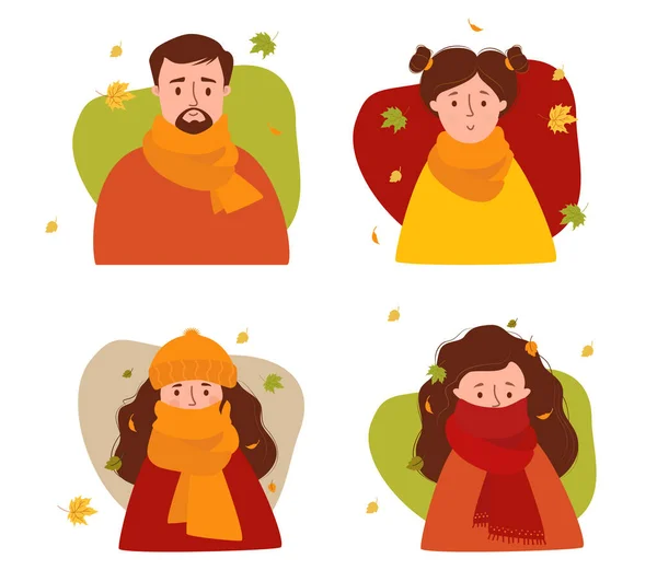 Set of portraits of autumn people. A man with a beard and a girl in a hat, with a haircut and wrapped in scarf with autumn leaves. Vector illustration. Characters for design, decorations, postcards — Stock Vector