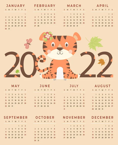 Tiger calendar for 2022. Calendar with cute animal. The tiger is the symbol of the new year 2022. Vector illustration. 12 months vertical calendar template in English. Week starts on Sunday. A3 format — Stock Vector
