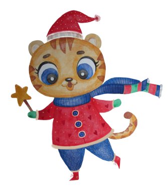 Güzel kış kıyafetleri içinde şirin bir kaplan yavrusu. Suluboya. Noel Hayvanı - Tebrik kartları, tasarım, dekor, baskı karakteri. Doğu takvimine göre kaplanın 2022 yılı.