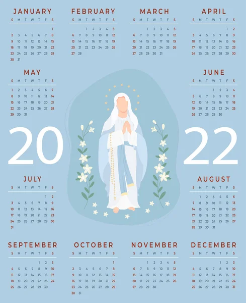 Calendario religioso per il 2022 con la Vergine Maria. La Santissima Theotokos la Regina del Cielo con i gigli. Illustrazione vettoriale. Modello verticale A3 per 12 mesi in inglese. Settimana a partire da domenica — Vettoriale Stock