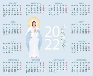 Mavi arka planda Kutsal Theotokos Kraliçesi Bakire Meryem 'in 2022 Dini Takvimi. Vektör çizimi. 12 aylık yatay A3 şablonu İngilizce. Hafta pazartesi başlıyor.