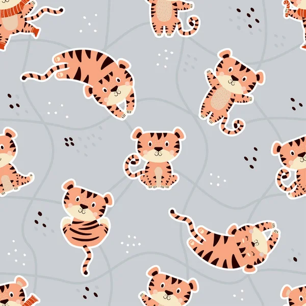 Seamless pattern with cute tigers. Sleeping, sitting playful striped tigers on a gray background with an abstract mesh pattern. Vector illustrations for design, decor, textiles. 2022 year of Tiger