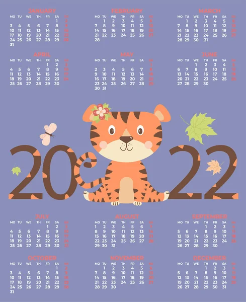 Calendar Tiger 2022 Annual Calendar Cute Tiger Symbol New Year — Stock Vector