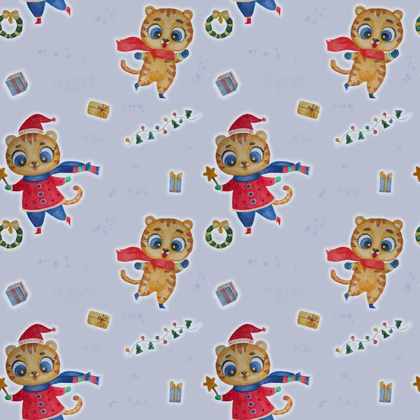 Seamless Pattern Cute Tigers New Year Character Winter Clothes Light — Stock Photo, Image