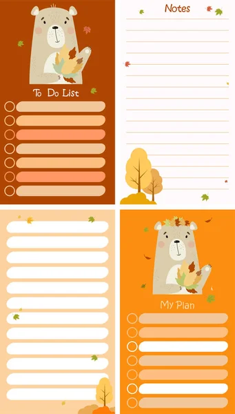 Colección Organizadores Otoño Con Lindo Oso Con Hojas Otoño Árboles — Vector de stock