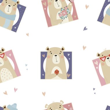 Sevimli ayılarla kusursuz desen. Çiçekli ayıların portreleri, Paskalya yumurtası, kışlık giysiler ve beyaz arka planda gözlük. Tasarım, dekor ve çocuk koleksiyonu için vektör illüstrasyonu