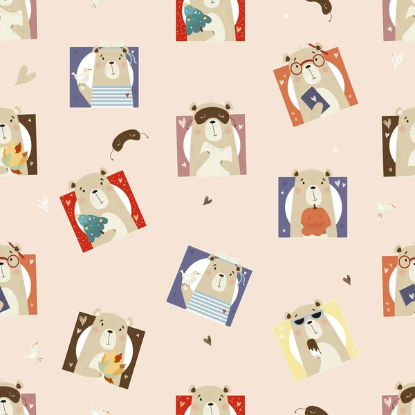 Seamless pattern with cute bears. Portraits of bears with Christmas tree, pumpkin for Halloween, with autumn leaves and sailor with seagull on light background. Vector illustration for kids collection