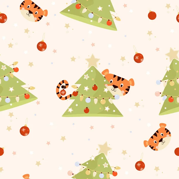 Modèle Nouvel Sans Couture Tigre Arbre Noël Avec Des Boules — Image vectorielle