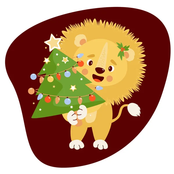 クリスマスツリーとかわいいライオン ベクトルイラスト デザイン グリーティングカードのための新年の文字子供のコレクションと印刷のための — ストックベクタ