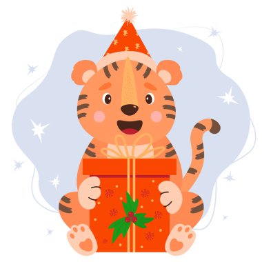 Noel Baba şapkalı şirin kaplan ve büyük bir Noel hediyesi ve yeni yıl ökseotu. Vektör çizimi. 2022 Doğu takvimine göre kaplan yılıdır. Tebrik kartları, dekor ve yazdırma karakteri