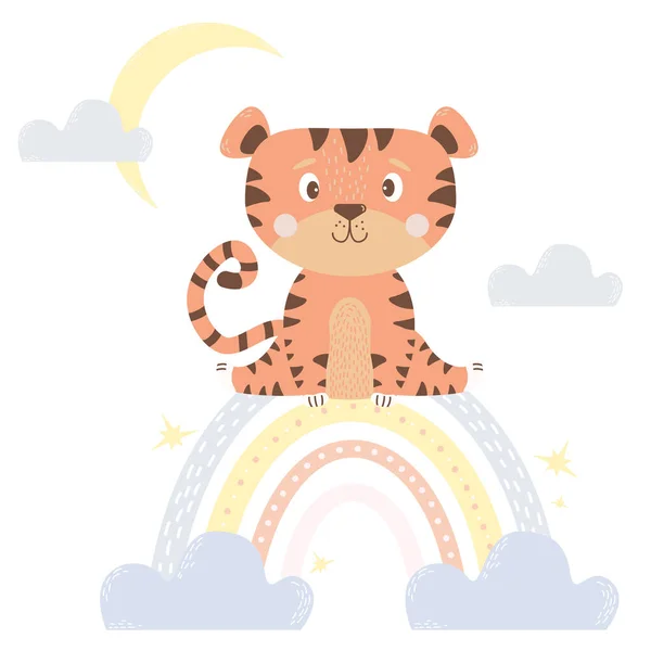 Um tigre bonito senta-se em um arco-íris com nuvens e a lua. Estilo escandinavo. Ilustração vetorial. Conceito de animal de bebê para berçário, design, decoração, cartões postais e impressões — Vetor de Stock
