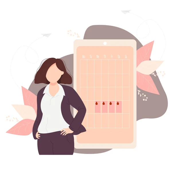 La muchacha de negocios en el traje mira el calendario de la salud de las mujeres y la menstruación en la pantalla del teléfono. Ilustración vectorial. concepto Salud de las mujeres y programas en el teléfono — Archivo Imágenes Vectoriales