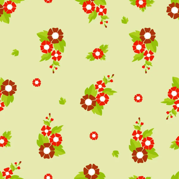 Modèle sans couture. Motif floral d'un bouquet de fleurs décoratives rouges avec des feuilles sur fond jaune clair. Illustration vectorielle. Pour décor, design, papier peint, emballage et textiles — Image vectorielle