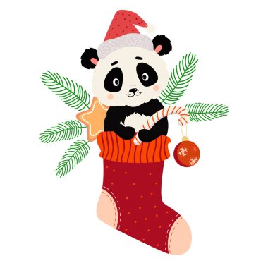 Noel çorabı içinde şirin panda, hediyeler, zencefilli ekmek, çizgili karamel ve Noel balosu. Vektör çizimi. Yılbaşı kartları, çocuk koleksiyonu, baskı ve dekor için