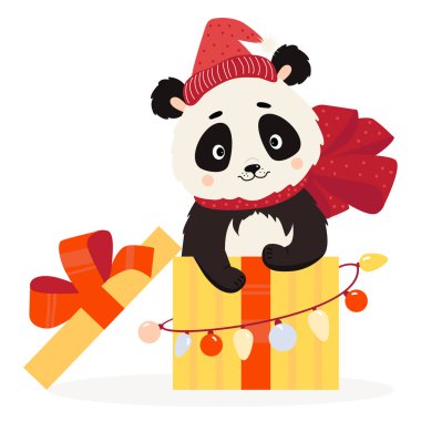 Noel Baba şapkalı şirin panda hediye kutusunda. Büyük bir yay ve yeni yıl çelengi ile Noel hediyesi. Vektör çizimi. Yılbaşı kartları, çocuk koleksiyonu, baskı ve dekor için