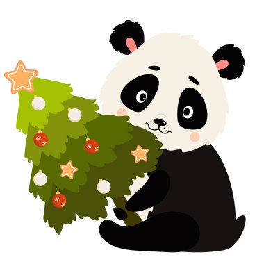 Noel Ağacı ve Noel Toplu Şirin Panda. Vektör çizimi. Noel süsleri ve kartpostallar için Noel hayvanı