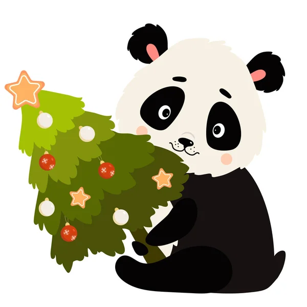 Panda mignon avec arbre de Noël avec boules de Noël. Illustration vectorielle. Animaux de Noël pour décor de vacances et cartes postales — Image vectorielle