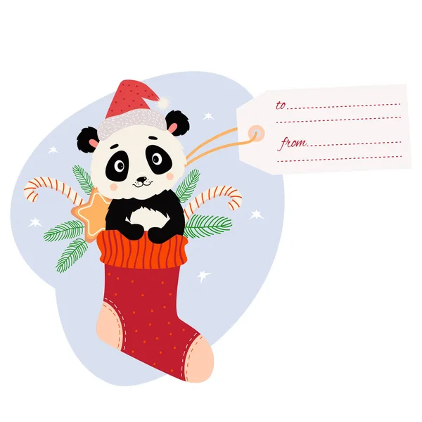 クリスマス サンタのかわいいパンダの帽子には ジンジャーブレッド ストライプカラメル グリーティングカードが付いています ベクトルイラスト 新年カード 装飾や子供のコレクションのために — ストックベクタ