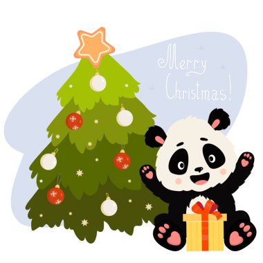 Noel kartı. Hediyeli şirin panda ve Noel toplu Noel ağacı. Vektör çizimi. Noel süsleri, kartlar, baskılar ve posterler için güzel bir Noel hayvanı.