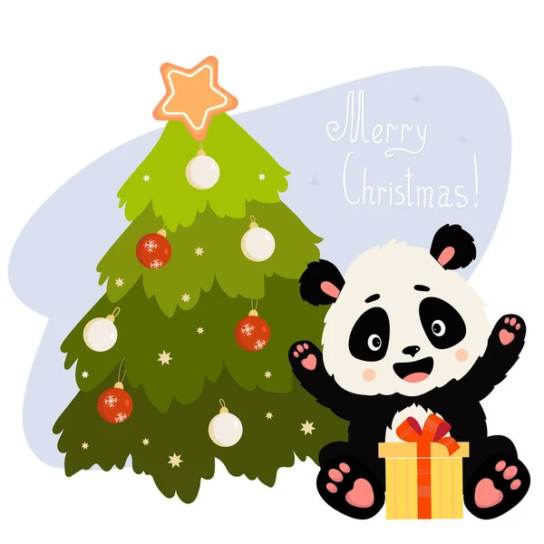 クリスマスカード クリスマスボールとギフトやクリスマスツリーでかわいいパンダ ベクトルイラスト 休日の装飾やカード プリントやポスターのための美しいクリスマス動物 — ストックベクタ