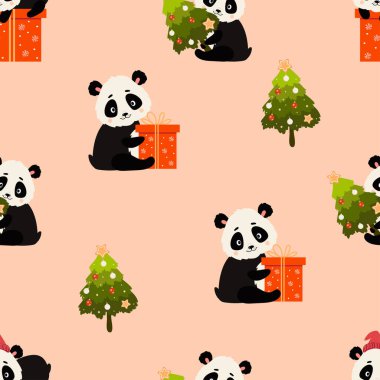 Kusursuz desen. Büyük hediyeli şirin panda ve pembe arka planda Noel ağacı. Vektör çizimi. Yeni yıl dekorasyonu ve tasarımı için, duvar kağıdı, ambalaj, tekstil, çocuk koleksiyonu