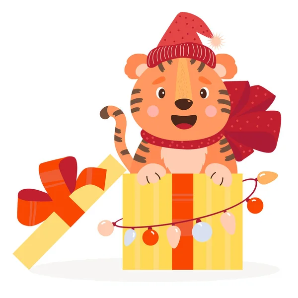 Lindo Tigre Santa Sombrero Caja Regalo Regalo Navidad Con Lazo — Archivo Imágenes Vectoriales