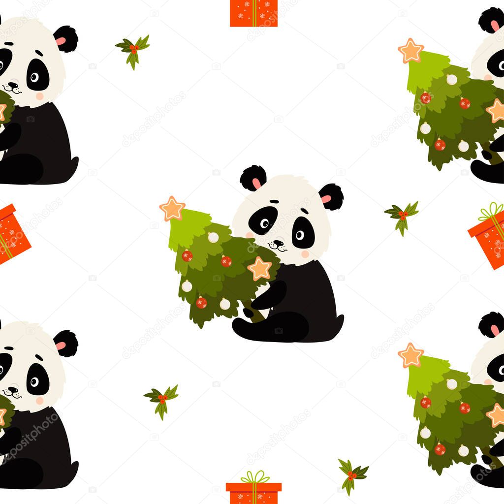 Christmas Seamless Pattern. Cute panda with gift and Christmas tree on white background. Vector illustration. For New Years decor and design, wallpaper, packaging, textiles.