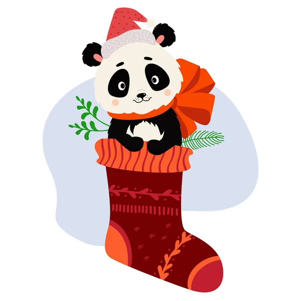 クリスマスプレゼント サンタの帽子と大きな弓を身に着けてかわいいパンダとクリスマスの靴下 ベクトルイラスト 新年のカード 子供のコレクション 印刷や装飾のために — ストックベクタ