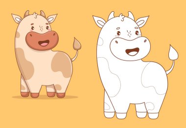 Cute Happy Cartoon Cow set. Color and Outline Line drawing, coloring book Adorable Kawaii Animal. Isolated Vector illustration. Kids collection. Not AI