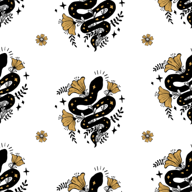 Kusursuz desenli ve Altın Çiçekli Kara Mistik Yılanlı. Desenli El Çizimi Tekrarlanıyor