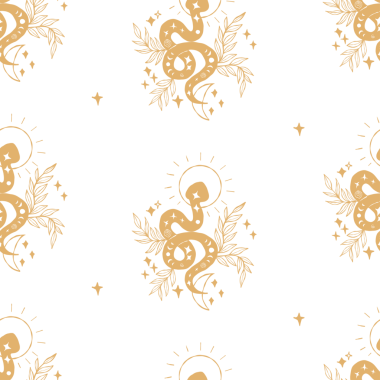 Güneş, Ay ve Bitkiler Yapraklı Altın Yılanlı Mistik Kusursuz Desen. Zarif Tekrarlayan El Çizimi