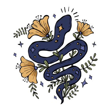 Çiçek çıkartmalı mistik yılan. Renkli El Karalama. Gizemli Kundalini