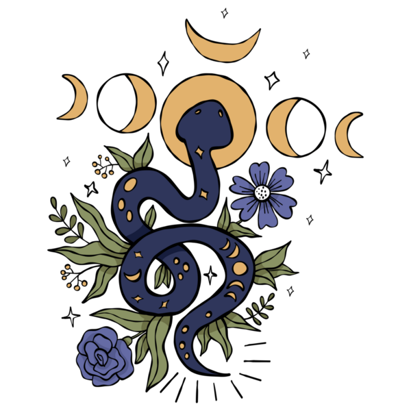 Mystical Snake with Moon Phase and Flowers. Color Textured Hand Drawn Doodle